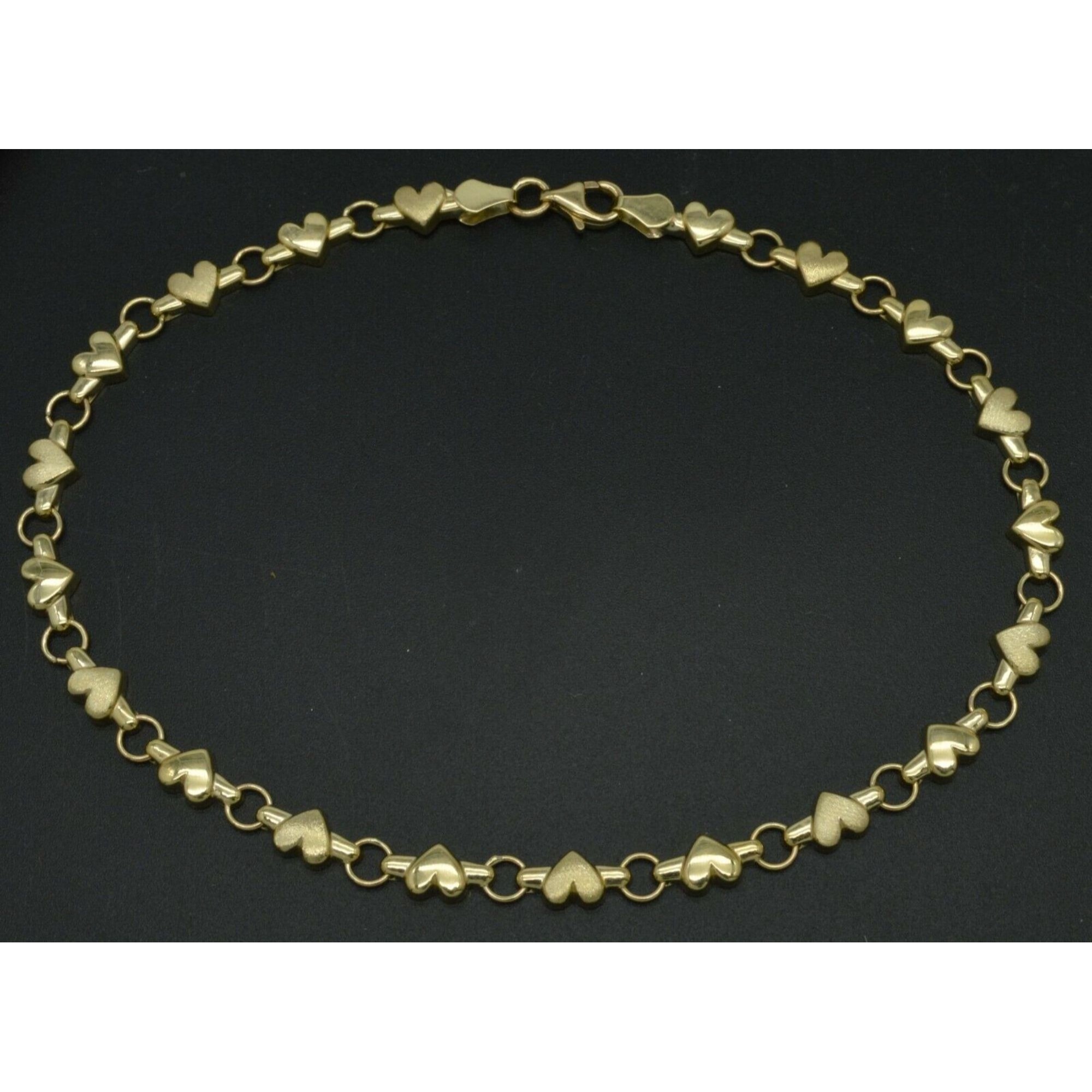 Real 14k Yellow Gold 5.3mm Puffed Heart Link Ankle Bracelet 9-10